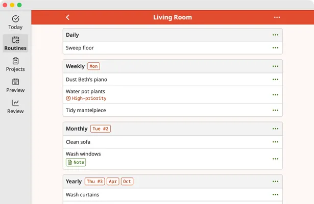 Screenshot of Homemaking App routine page on macOS